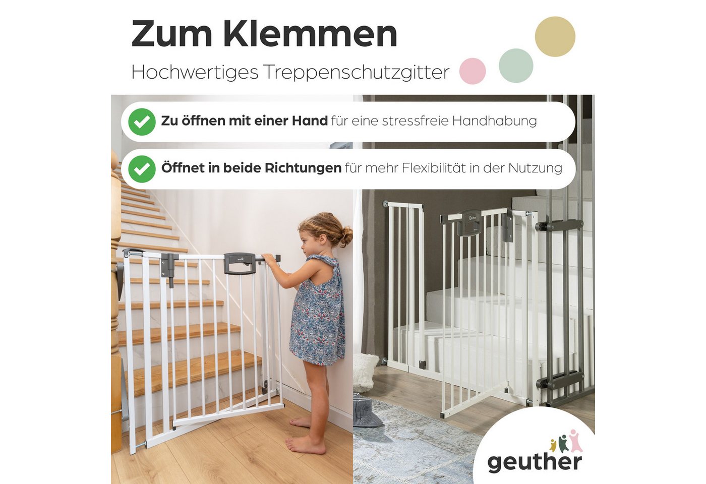 Geuther Türschutzgitter Treppenschutzgitter Easylock 84,5-92,5 cm in Weiß mit Zusatzklemmen, Treppenschutzgitter zum Klemmen - inkl. Türstopper Bild 2