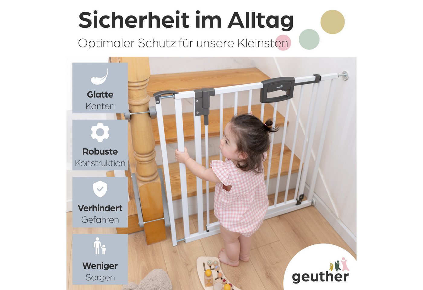 Geuther Türschutzgitter Treppenschutzgitter Easylock 84,5-92,5 cm in Weiß mit Zusatzklemmen, Treppenschutzgitter zum Klemmen - inkl. Türstopper Bild 3