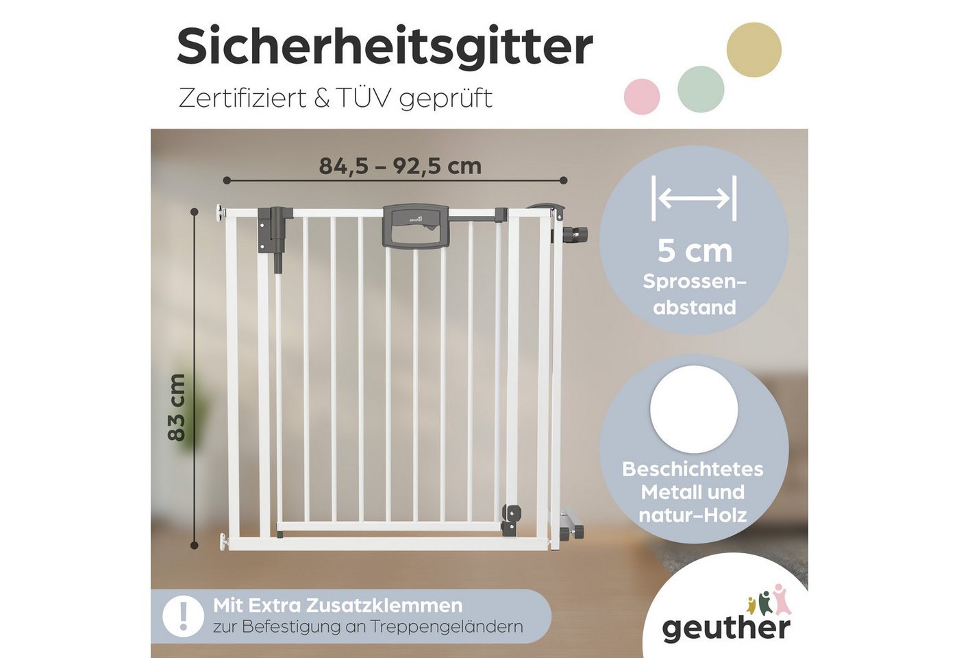 Geuther Türschutzgitter Treppenschutzgitter Easylock 84,5-92,5 cm in Weiß mit Zusatzklemmen, Treppenschutzgitter zum Klemmen - inkl. Türstopper Bild 4