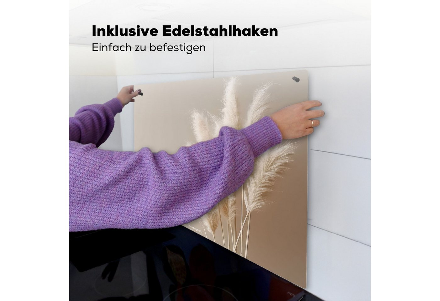 KitchenYeah Küchenrückwand Pampasfedern - Beige - Pampasgras - Trockenblumen, (1-tlg), Herdabdeckplatten Ceranfeld, Induktionsschutz, Spritzschutz, 65x55 cm Bild 3