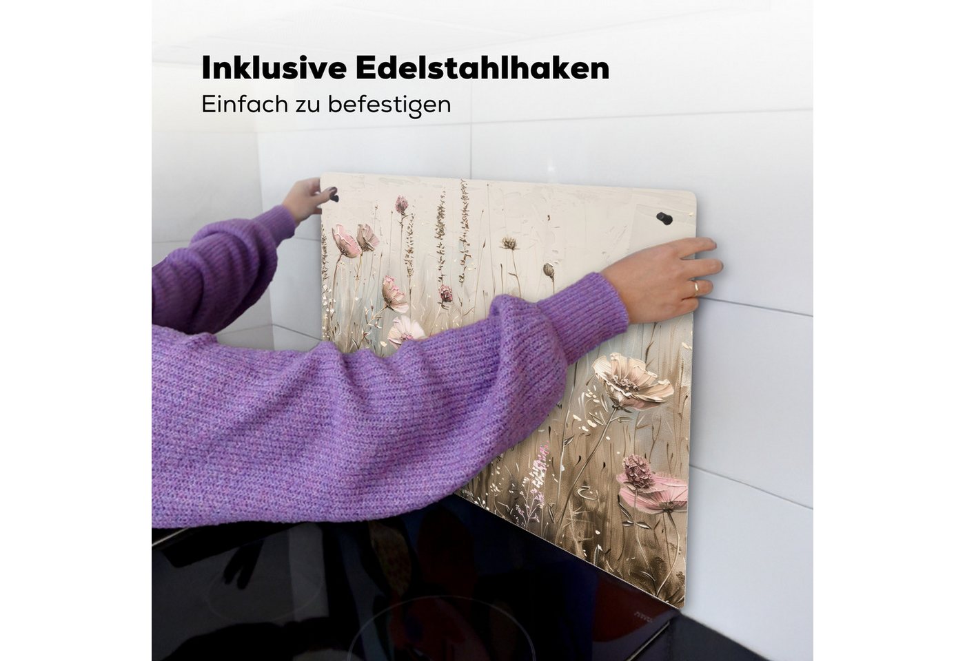 KitchenYeah Küchenrückwand Blumen - Beige - Trockenblumen, (1-tlg), Abdeckplatte für Ceranfeld, Herd Inductionsmatte, 71x52 cm