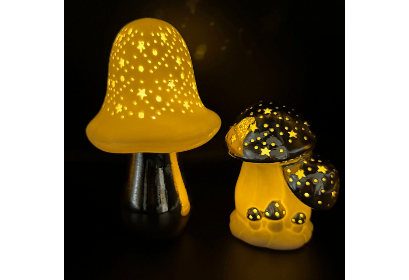 Online-Fuchs LED Dekoobjekt - 2 Pilze aus Keramik mit LED-Beleuchtung - Deko Herbst, Winter, Warmweiß oder Farbwechsel wählbar, Loch- und Sternausstanzugen, inklusive praktischer 6-Stunden Timerfunktion