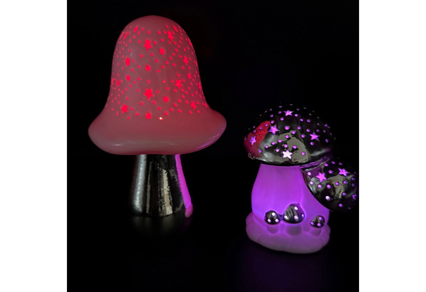 Online-Fuchs LED Dekoobjekt - 2 Pilze aus Keramik mit LED-Beleuchtung - Deko Herbst, Winter, Warmweiß oder Farbwechsel wählbar, Loch- und Sternausstanzugen, inklusive praktischer 6-Stunden Timerfunktion Bild 3