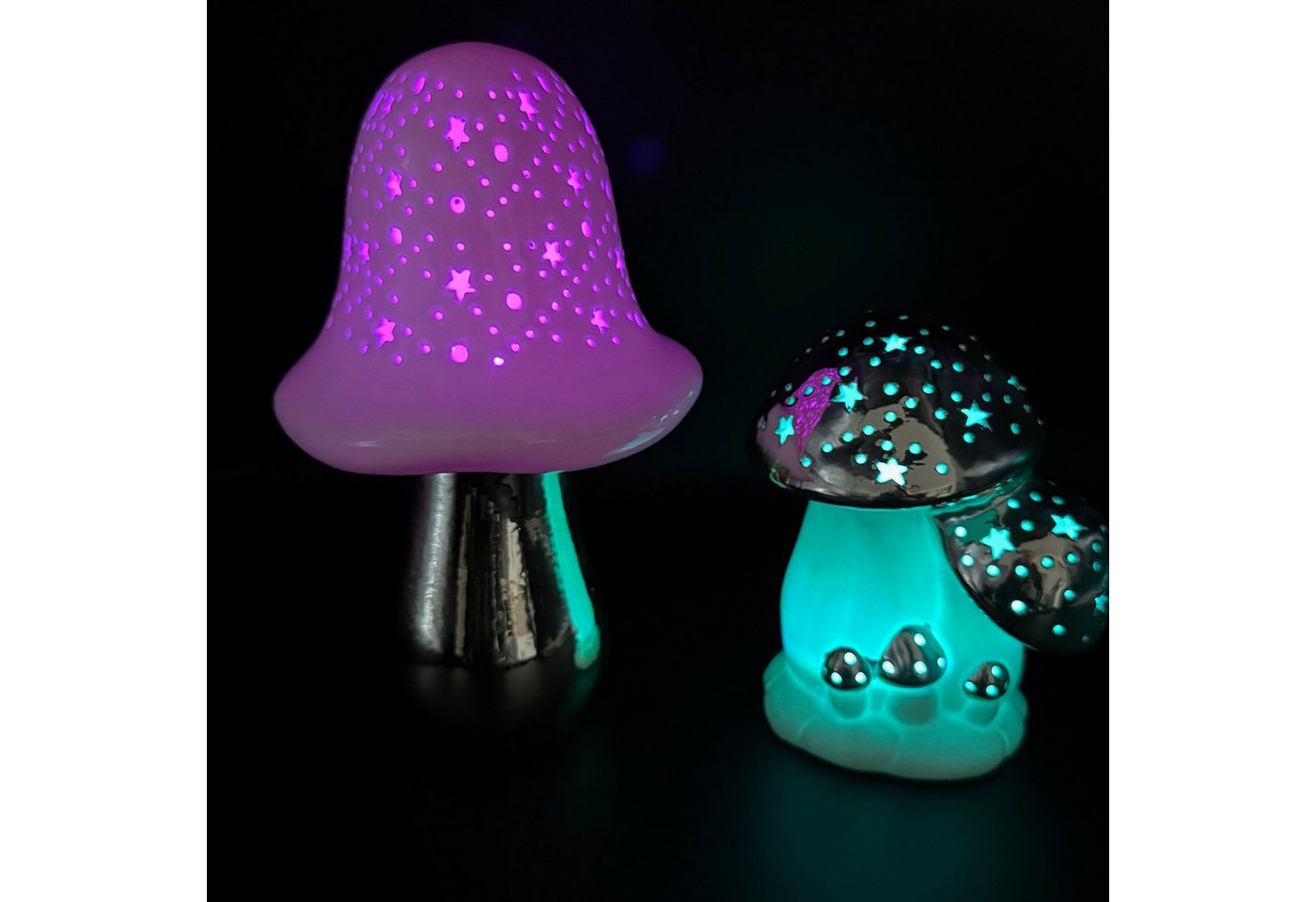 Online-Fuchs LED Dekoobjekt - 2 Pilze aus Keramik mit LED-Beleuchtung - Deko Herbst, Winter, Warmweiß oder Farbwechsel wählbar, Loch- und Sternausstanzugen, inklusive praktischer 6-Stunden Timerfunktion Bild 4