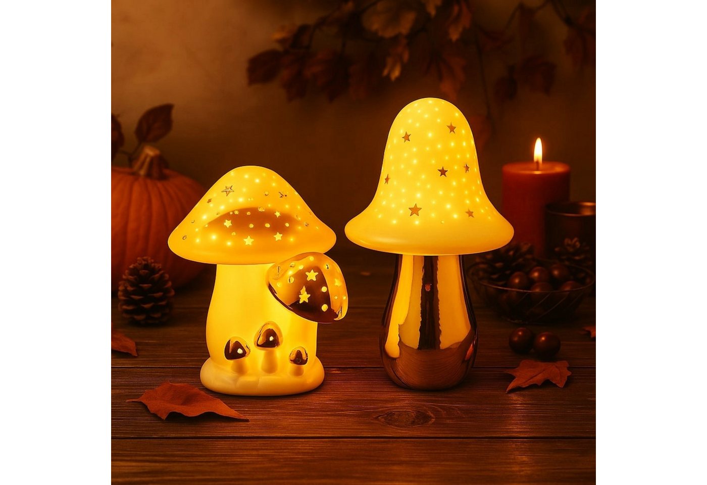 Online-Fuchs LED Dekoobjekt - 2 Pilze aus Keramik mit LED-Beleuchtung - Deko Herbst, Winter, Warmweiß oder Farbwechsel wählbar, Loch- und Sternausstanzugen, inklusive praktischer 6-Stunden Timerfunktion Bild 5