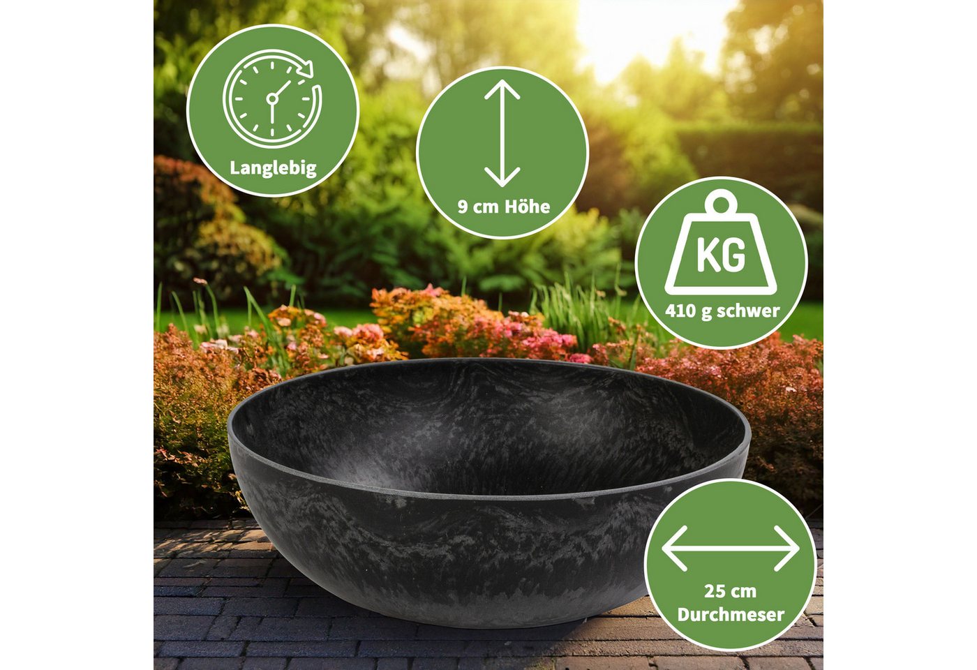 matches21 HOME & HOBBY Blumentopf Runde bauchige 25 cm Pflanzschale für draussen, schwarz marmoriert (2 St), Wetterfeste Blumen-Schale als moderne Gartendeko Grabschmuck