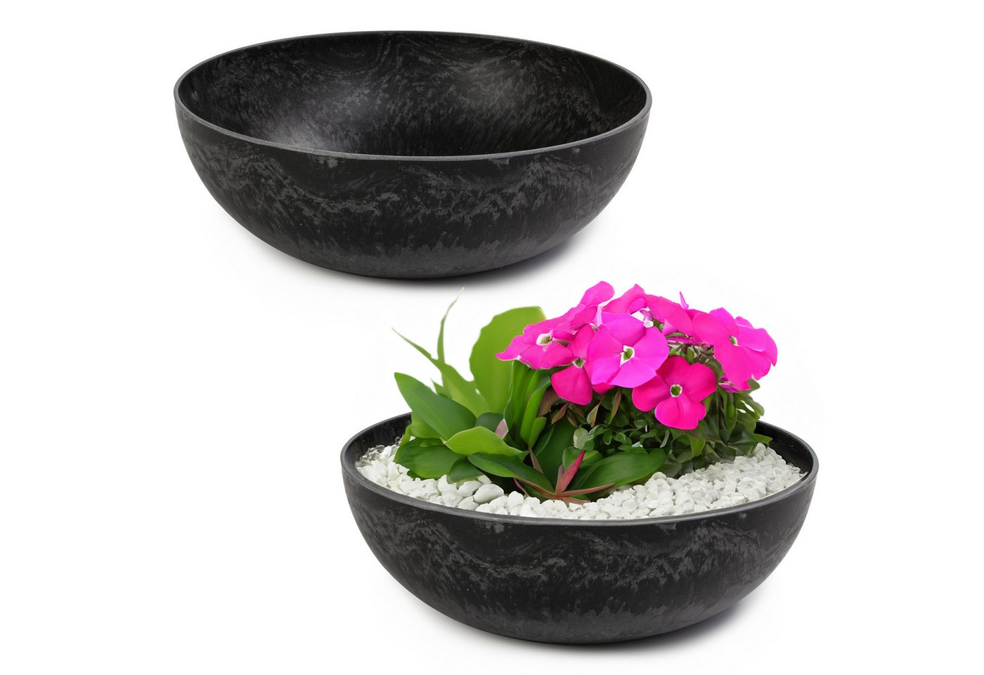 matches21 HOME & HOBBY Blumentopf Runde bauchige 25 cm Pflanzschale für draussen, schwarz marmoriert (2 St), Wetterfeste Blumen-Schale als moderne Gartendeko Grabschmuck Bild 3
