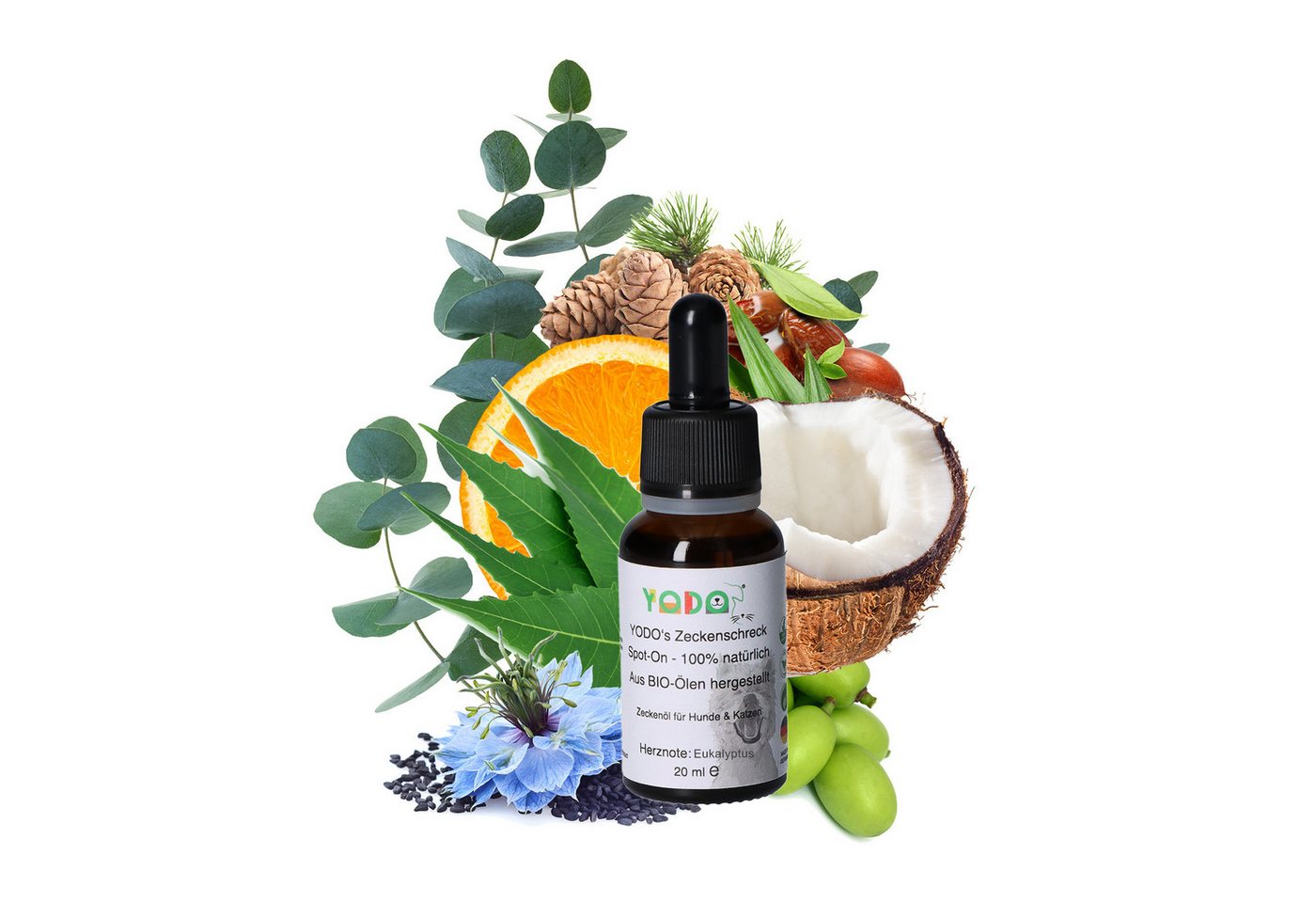 YODO Zeckenschutzmittel YODO's Zeckenschreck Zeckenöl für Hunde, Eukalyptus, 20 ml, 1-St., Aus 7 BIO-Ölen zur Zeckenabwehr hergestellt