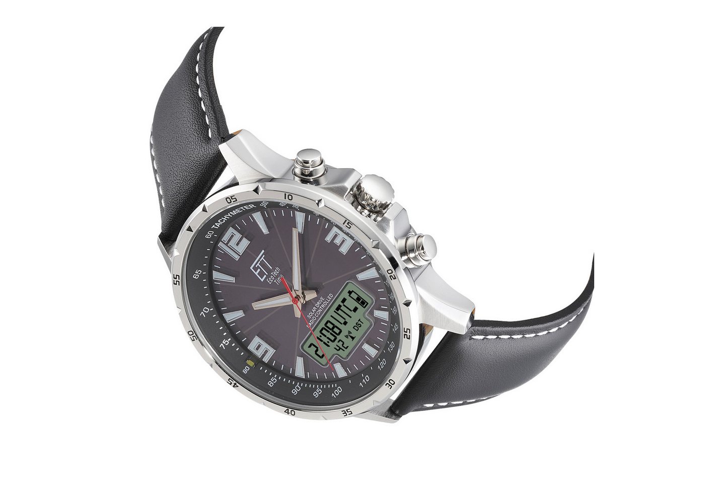 ETT Funk-Multifunktionsuhr Professional WorldTimer EGS-11550-21L, Armbanduhr, Solar, Herrenuhr, Lederarmband, analog, digital, Tag