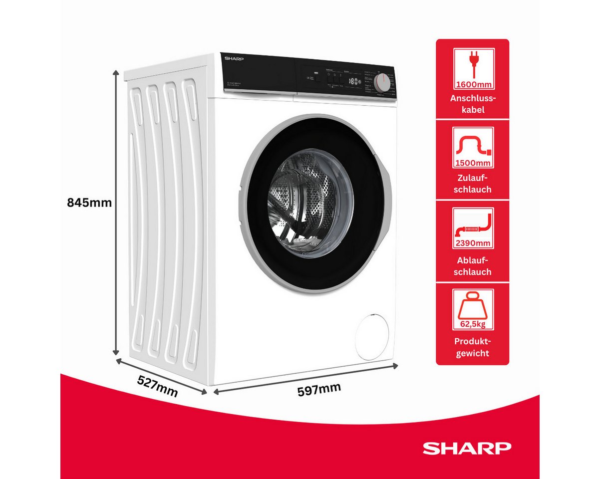 Sharp Waschmaschine ES-NFA814BW1NA-DE, 8 kg, 1400 U/min Bild 5