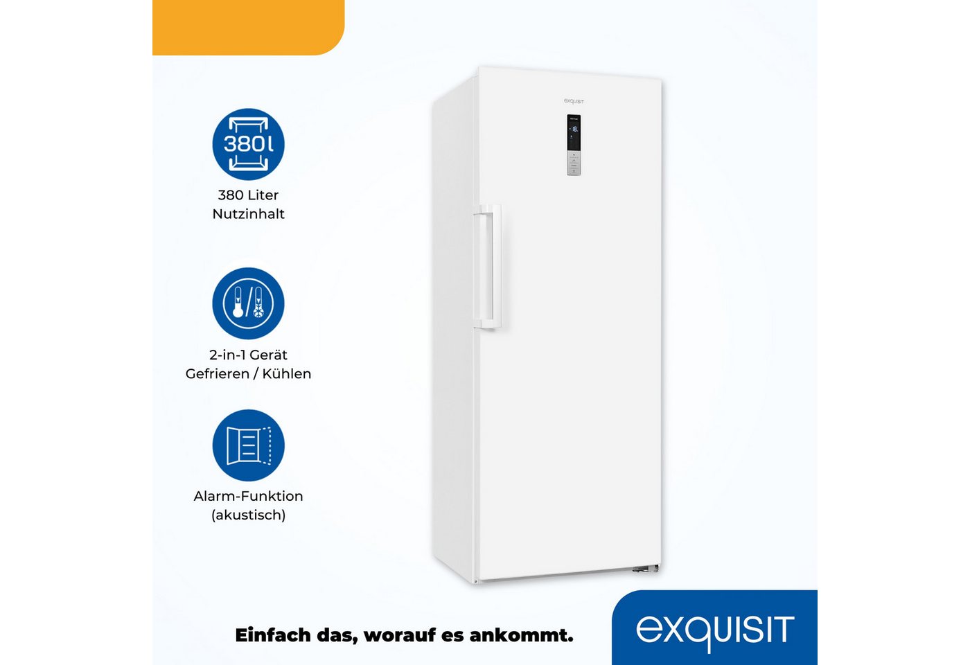 exquisit Gefrierschrank GS380-NF-H-050E weiss, 185,5 cm hoch, 71 cm breit, 380 L Gefrierschrank: No-Frost, 4-Sterne & flexibel mit LED-Licht