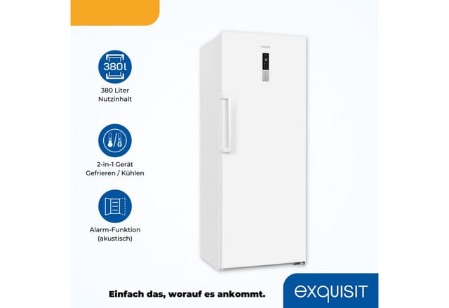 exquisit Gefrierschrank GS380-NF-H-050E weiss, 185,5 cm hoch, 71 cm breit, 380 L Gefrierschrank: No-Frost, 4-Sterne & flexibel mit LED-Licht