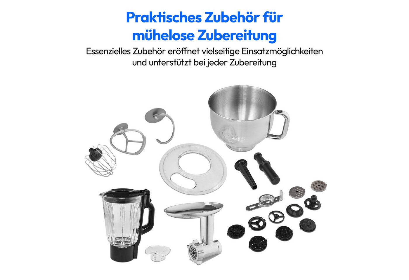 Medion® Küchenmaschine MD 18430, 1200 W, 5 l Schüssel, Mit umfangreichem Zubehör-Set, Mixeraufsatz, Fleischwolf-Aufsatz