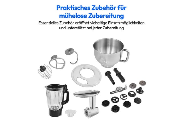 Medion® Küchenmaschine MD 18430, 1200 W, 5 l Schüssel, Mit umfangreichem Zubehör-Set, Mixeraufsatz, Fleischwolf-Aufsatz