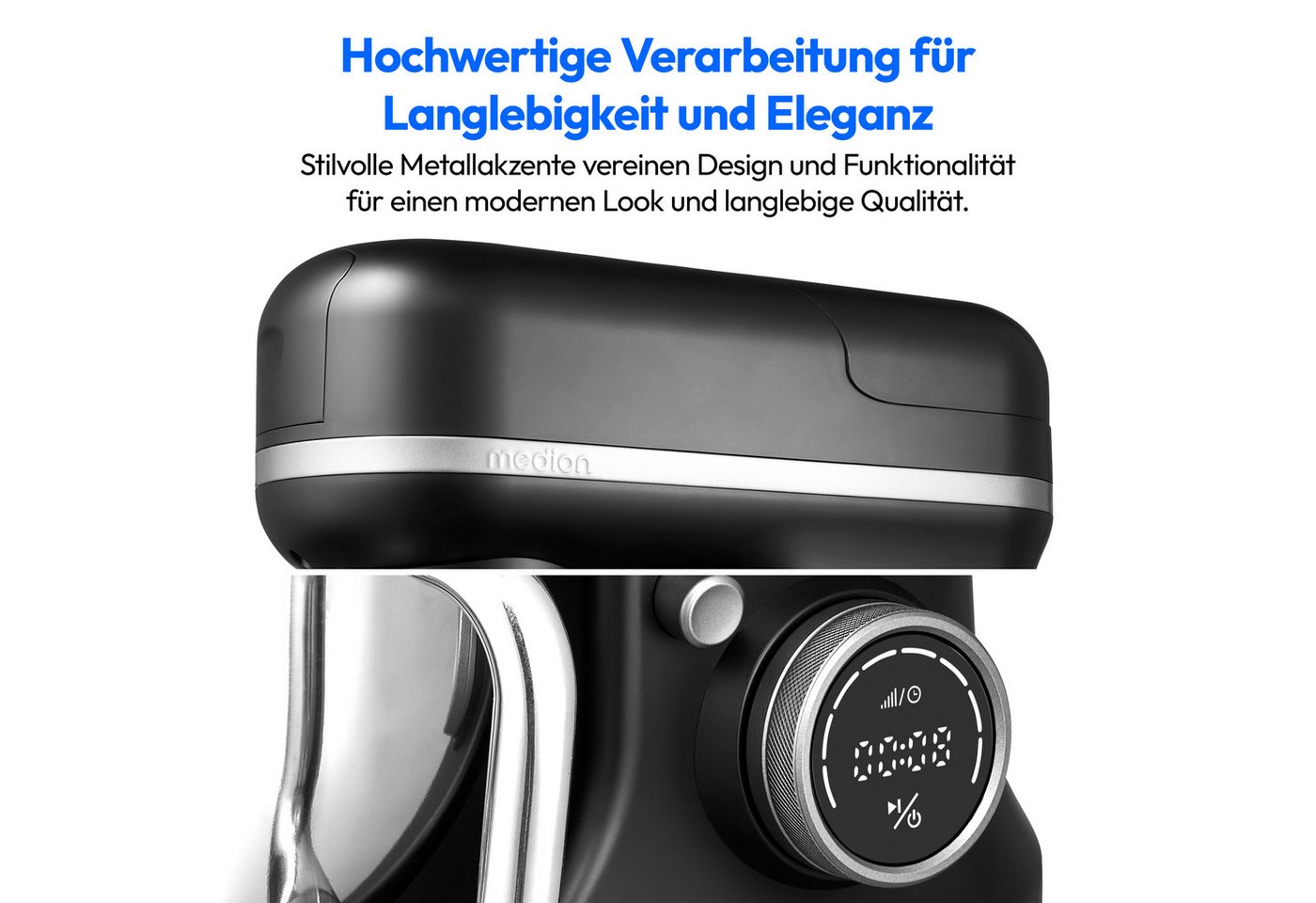 Medion® Küchenmaschine MD 18430, 1200 W, 5 l Schüssel, Mit umfangreichem Zubehör-Set, Mixeraufsatz, Fleischwolf-Aufsatz Bild 2