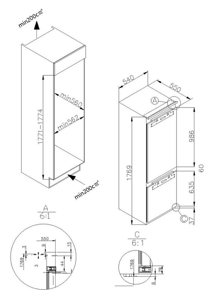 Amica Einbaukühlgefrierkombination EKGCX 387 960, 177,1 cm hoch, 56 cm breit, NoFrost‑Kühlkombi mit schneller Kühlung und klarer LED‑Sicht Bild 2