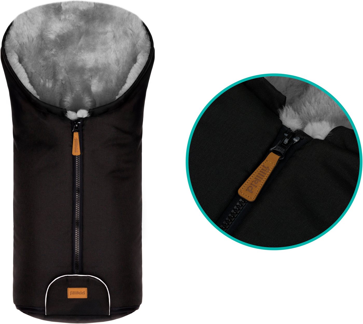 Fillikid Fußsack Pamir Alpina, schwarz, Lammfell grau, Winterfußsack, für Autositze Gr. 0 und Kinderwagen