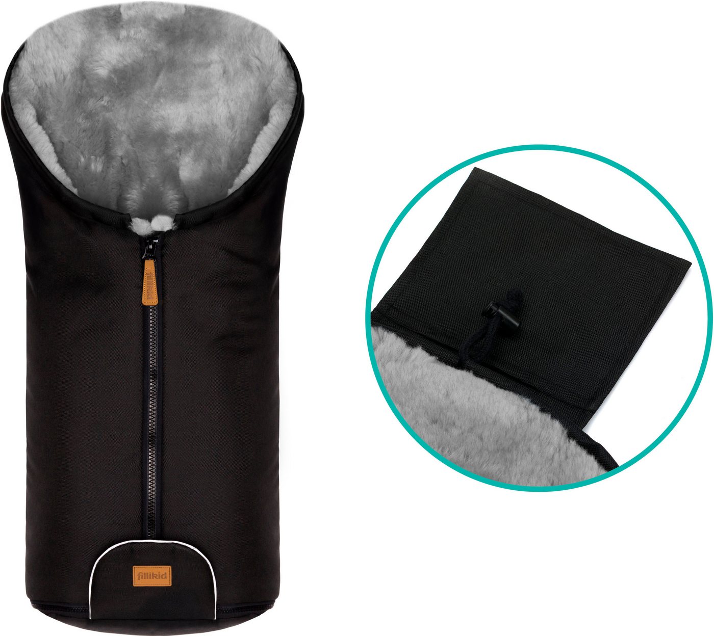 Fillikid Fußsack Pamir Alpina, schwarz, Lammfell grau, Winterfußsack, für Autositze Gr. 0 und Kinderwagen Bild 2