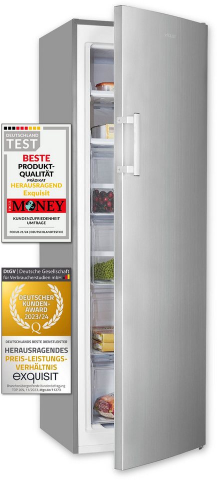 exquisit Gefrierschrank GS271--H-040E inoxlook, 171 cm hoch, 54,5 cm breit, 4*-Gefrierschrank No Frost mit LED-Anzeige & praktischem Griff