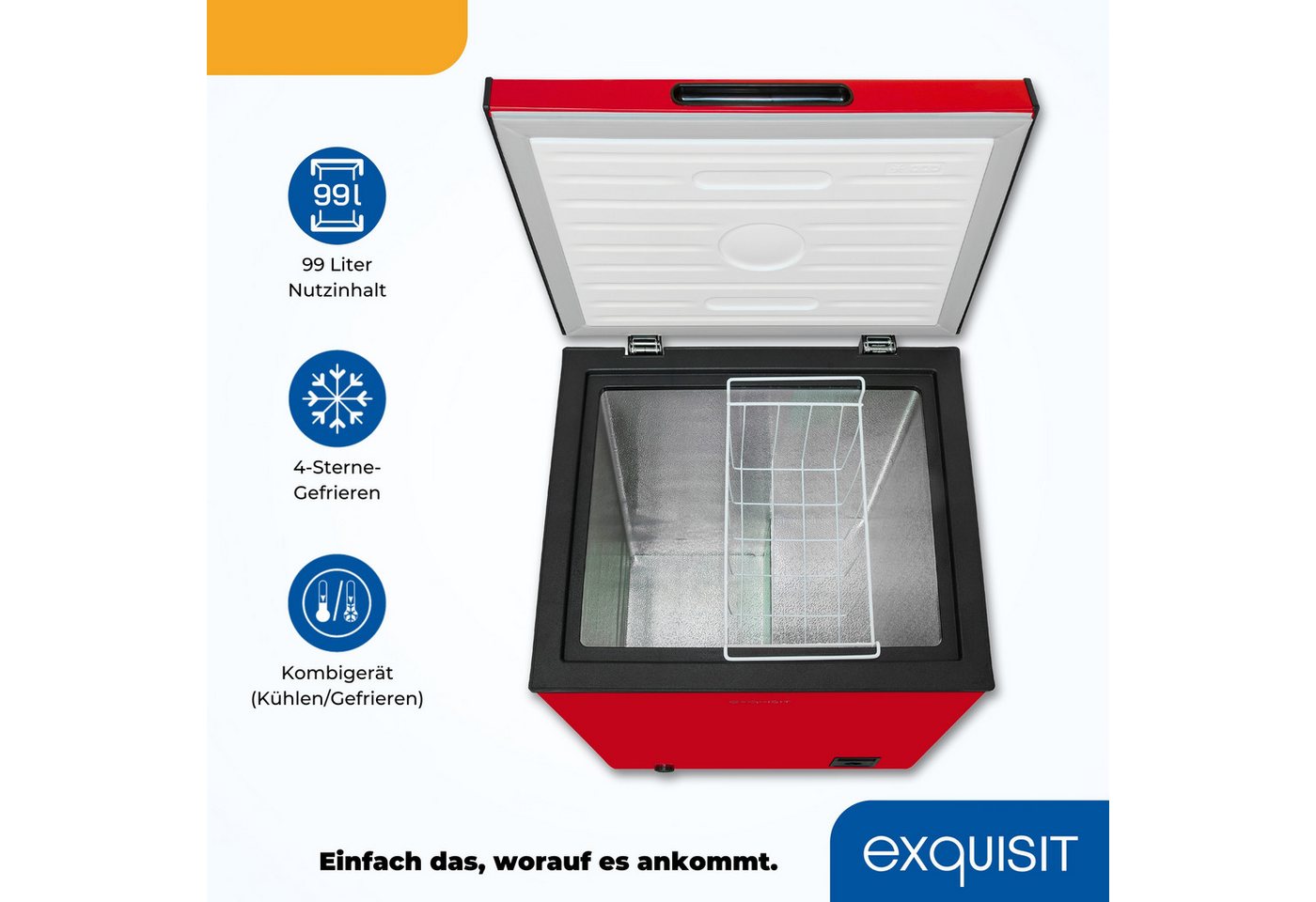 exquisit Gefriertruhe GT100-050E rot, 54,5 cm breit, 99 l, 4*-Gefriertruhe mit ergonomischer Griffmulde – bequem zu öffnen Bild 2