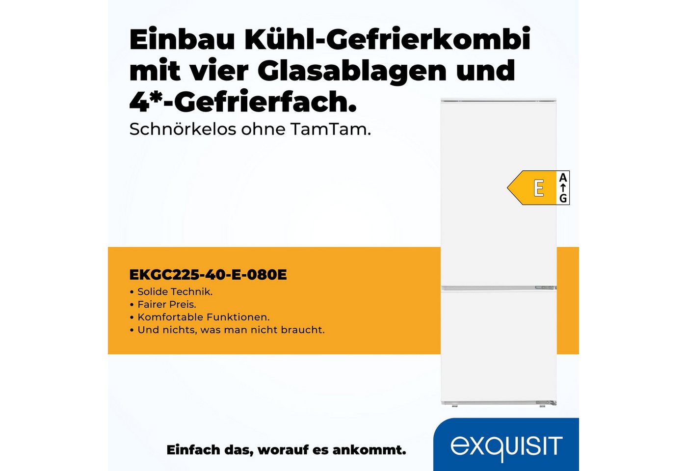 exquisit Einbaukühlgefrierkombination EKGC225-40-E-080E, 144,5 cm hoch, 54 cm breit, Schlepptür-Montage: Gerätetür wird mit der Schranktür mitgeschleppt