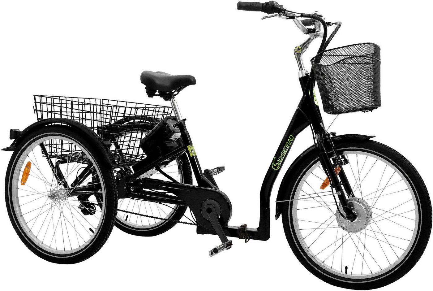 SachsenRAD E-Bike Lastenrad T3A mit Alarmanlage, 7 Gang Shimano Shimano 7-Gang-Kettenschaltung Schaltwerk, Kettenschaltung, Frontmotor, 470 Wh, (LED-Frontlicht, Alarmrücklicht mit Bremslicht, Ledersattel, 3-Räder), Lastenkorb, Lenkerkorb, LCD-Steuer- display, Fahrmodus Pedelec