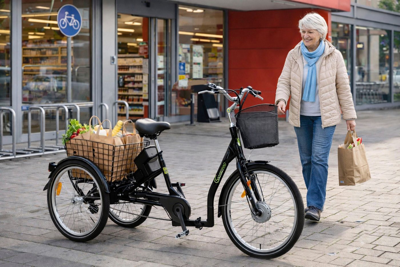 SachsenRAD E-Bike Lastenrad T3A mit Alarmanlage, 7 Gang Shimano Shimano 7-Gang-Kettenschaltung Schaltwerk, Kettenschaltung, Frontmotor, 470 Wh, (LED-Frontlicht, Alarmrücklicht mit Bremslicht, Ledersattel, 3-Räder), Lastenkorb, Lenkerkorb, LCD-Steuer- display, Fahrmodus Pedelec Bild 3