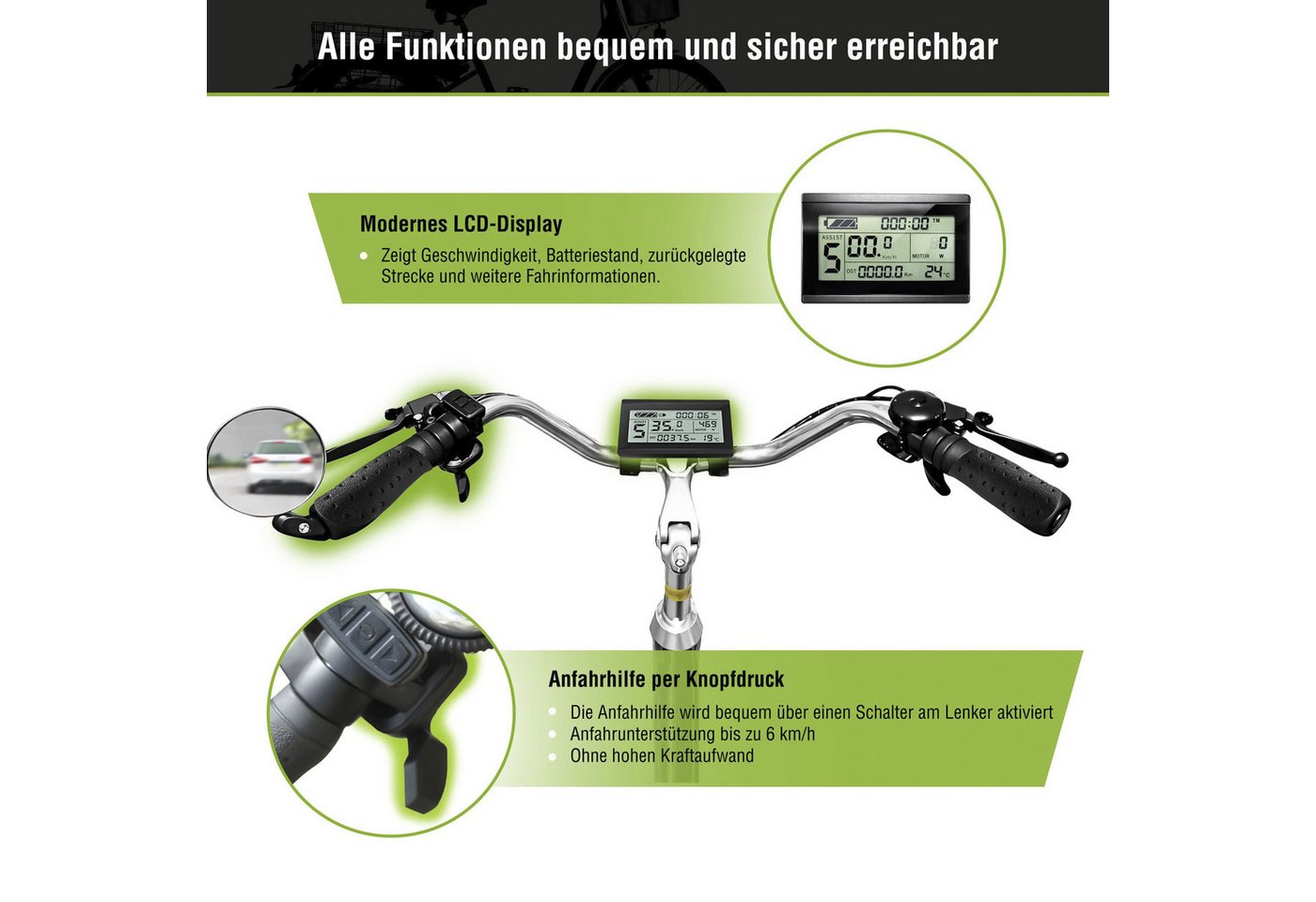 SachsenRAD E-Bike Lastenrad T3A mit Alarmanlage, 7 Gang Shimano Shimano 7-Gang-Kettenschaltung Schaltwerk, Kettenschaltung, Frontmotor, 470 Wh, (LED-Frontlicht, Alarmrücklicht mit Bremslicht, Ledersattel, 3-Räder), Lastenkorb, Lenkerkorb, LCD-Steuer- display, Fahrmodus Pedelec Bild 4