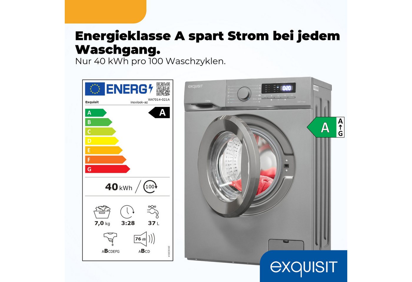 exquisit Waschmaschine WA7014-021A inoxlook-az, 7 kg, Kurzprogramm-frische Wäsche nach 15 Minuten,AquaStop-Vollwasserschutz