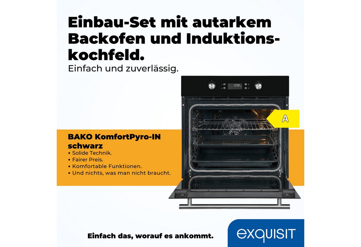 exquisit Backofen-Set BAKO KomfortPyro-In schwarz, Pyrolyse-Selbstreinigung, Backofen mit Pyrolyse: Selbstreinigung durch hohe Hitze ohne Chemie
