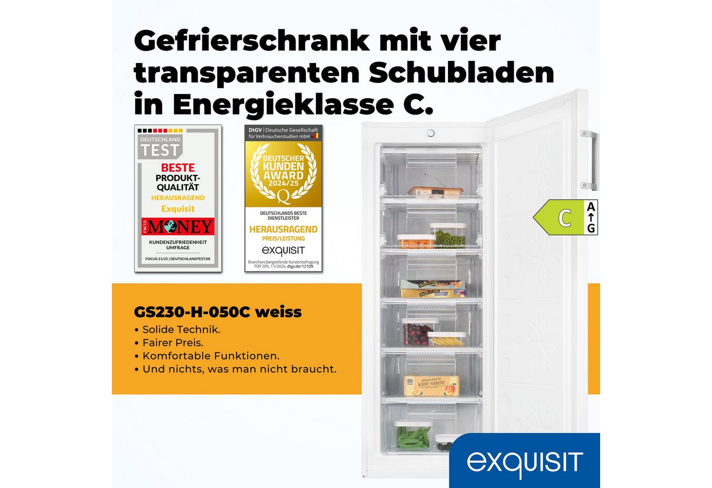 exquisit Gefrierschrank GS230-H-050C weiss, 144 cm hoch, 54 cm breit, Perfekt für Ihre Küche: flexibel, praktisch & klar strukturiert