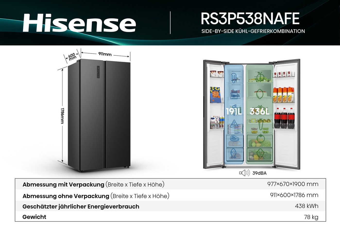 Hisense Side-by-Side RS3P538NAFE, 178,6 cm hoch, 91,1 cm breit, einfacher Side by Side mit Premium-Ausstattung Bild 4