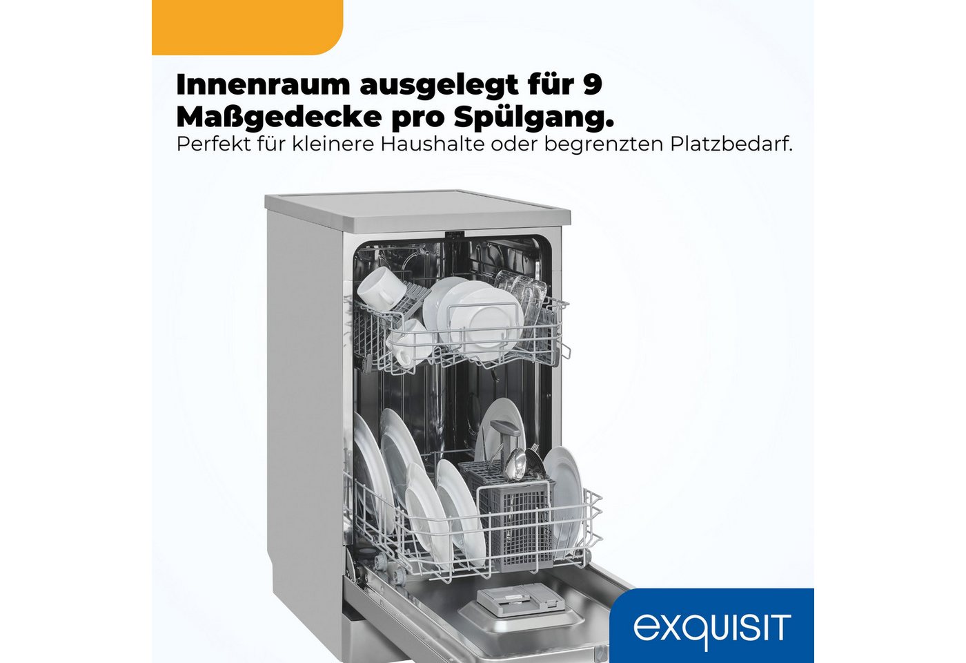 exquisit Standgeschirrspüler 9109 GSP9109-451D silber, 10 l, 9 Maßgedecke, 9 Maßgedecke, 4 Programme, LED, Besteckkorb