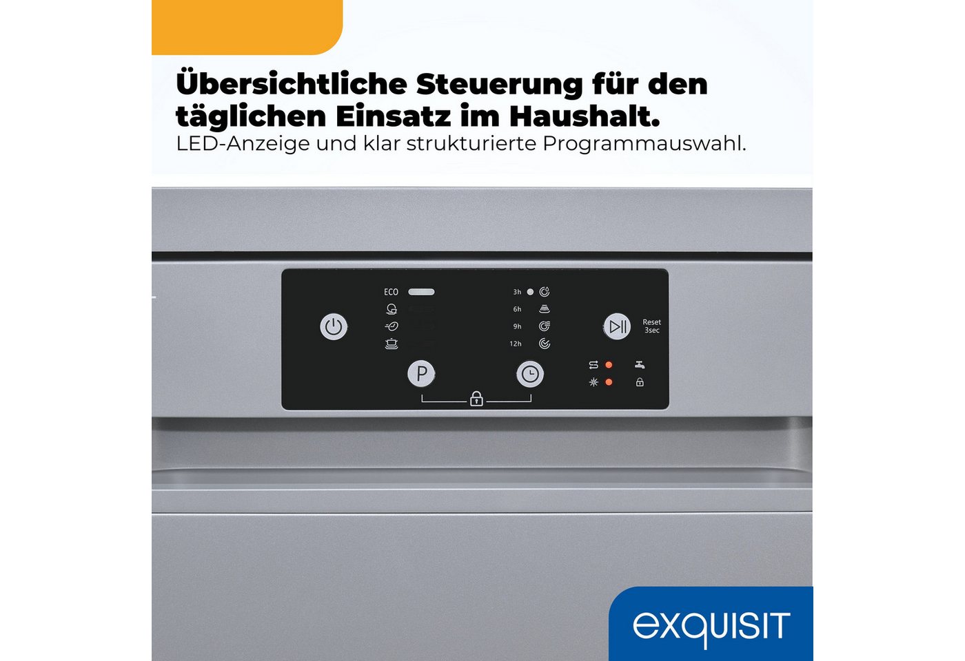 exquisit Standgeschirrspüler 9109 GSP9109-451D silber, 10 l, 9 Maßgedecke, 9 Maßgedecke, 4 Programme, LED, Besteckkorb Bild 3