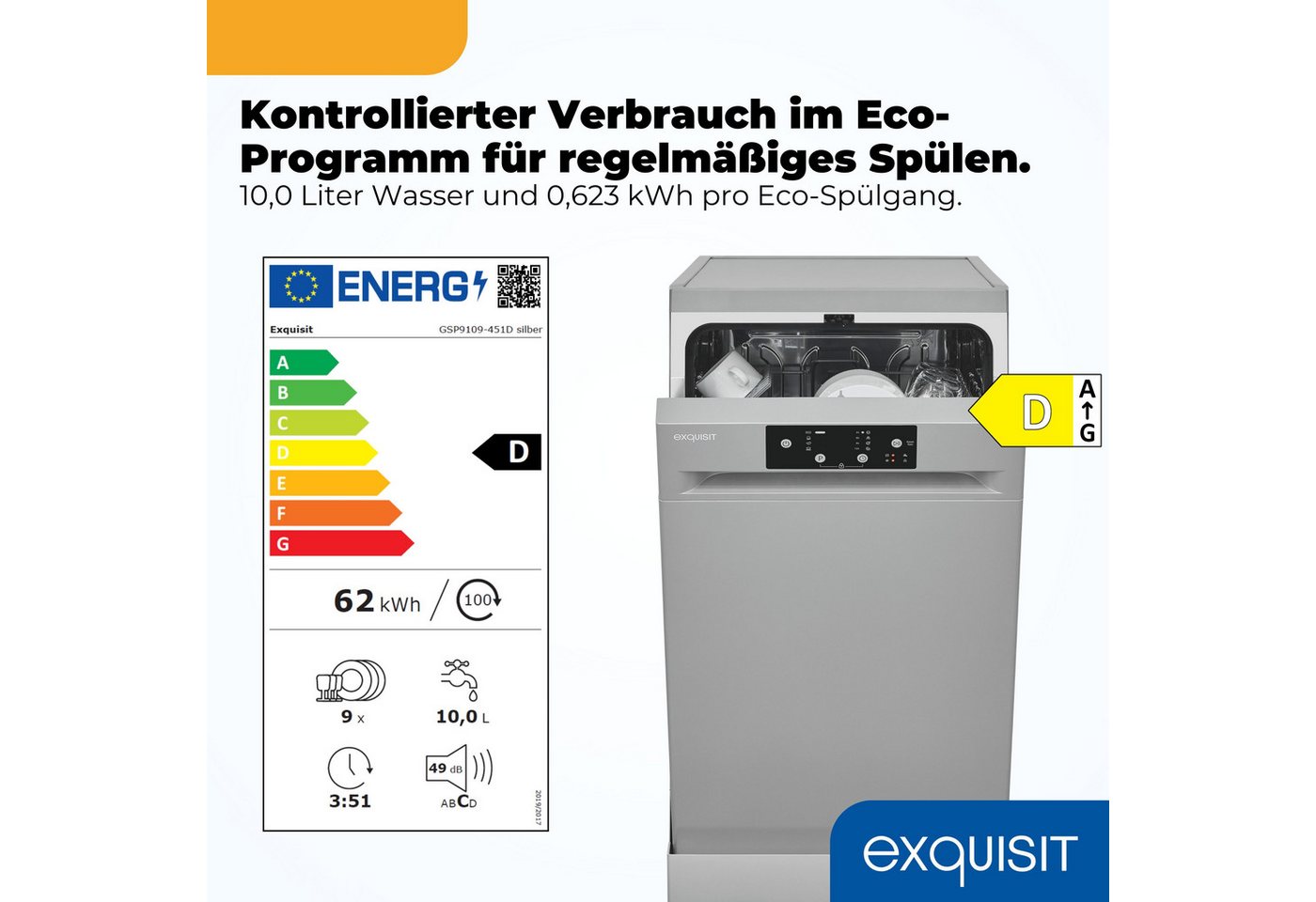 exquisit Standgeschirrspüler 9109 GSP9109-451D silber, 10 l, 9 Maßgedecke, 9 Maßgedecke, 4 Programme, LED, Besteckkorb Bild 5