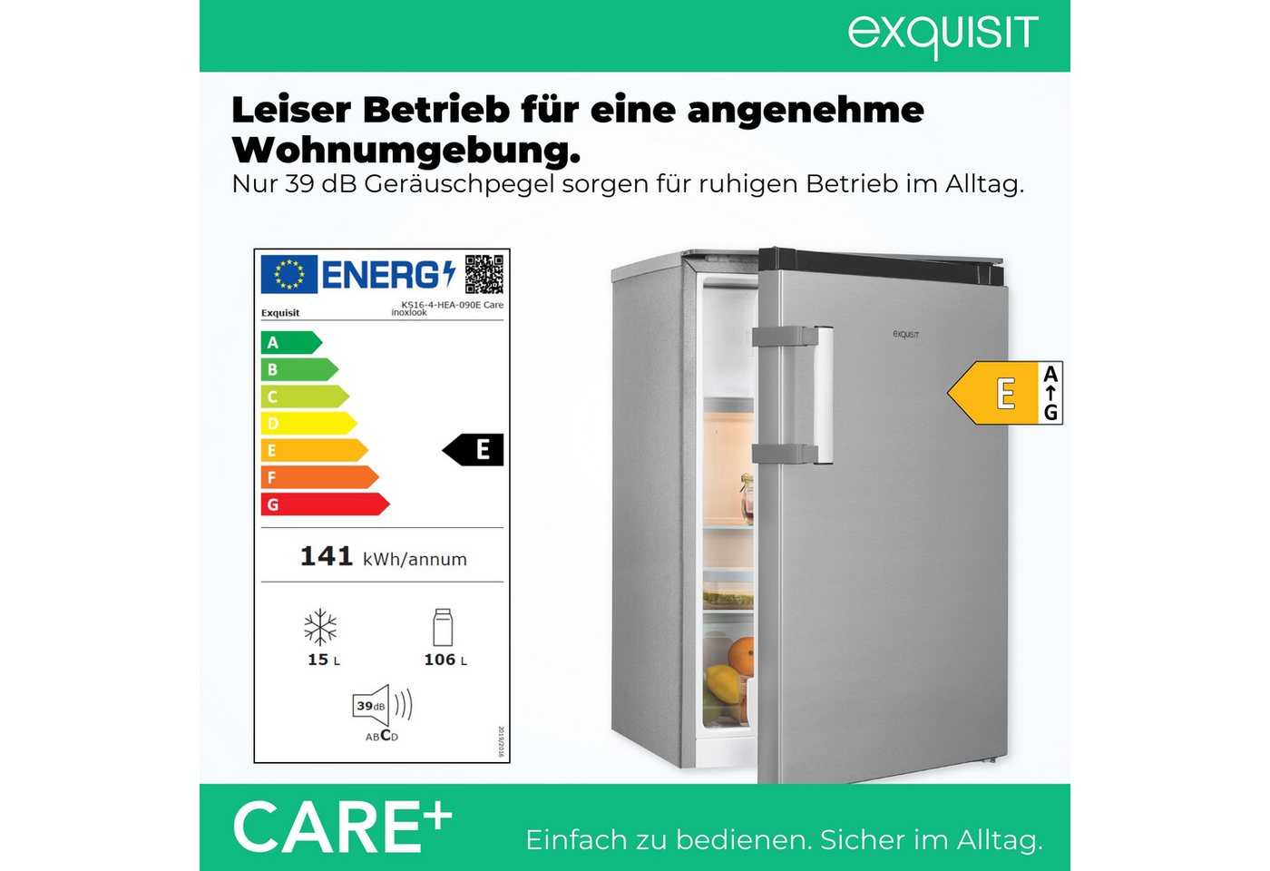 exquisit Kühlschrank KS16-4-HEA-090E Care inoxlook, 86,5 cm hoch, 54,5 cm breit, Kompakter Kühlschrank mit 4*-Gefrierfach, 106 l Kühlvolumen Bild 2