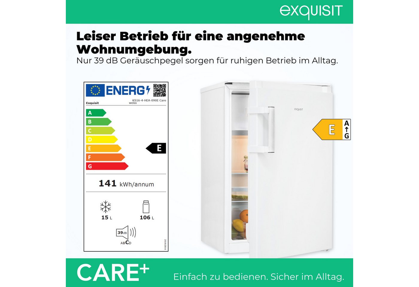exquisit Kühlschrank KS16-4-HEA-090E Care weiss, 86,5 cm hoch, 54,5 cm breit, Kompakter Kühlschrank mit 4*-Gefrierfach, 106 l Kühlvolumen Bild 4