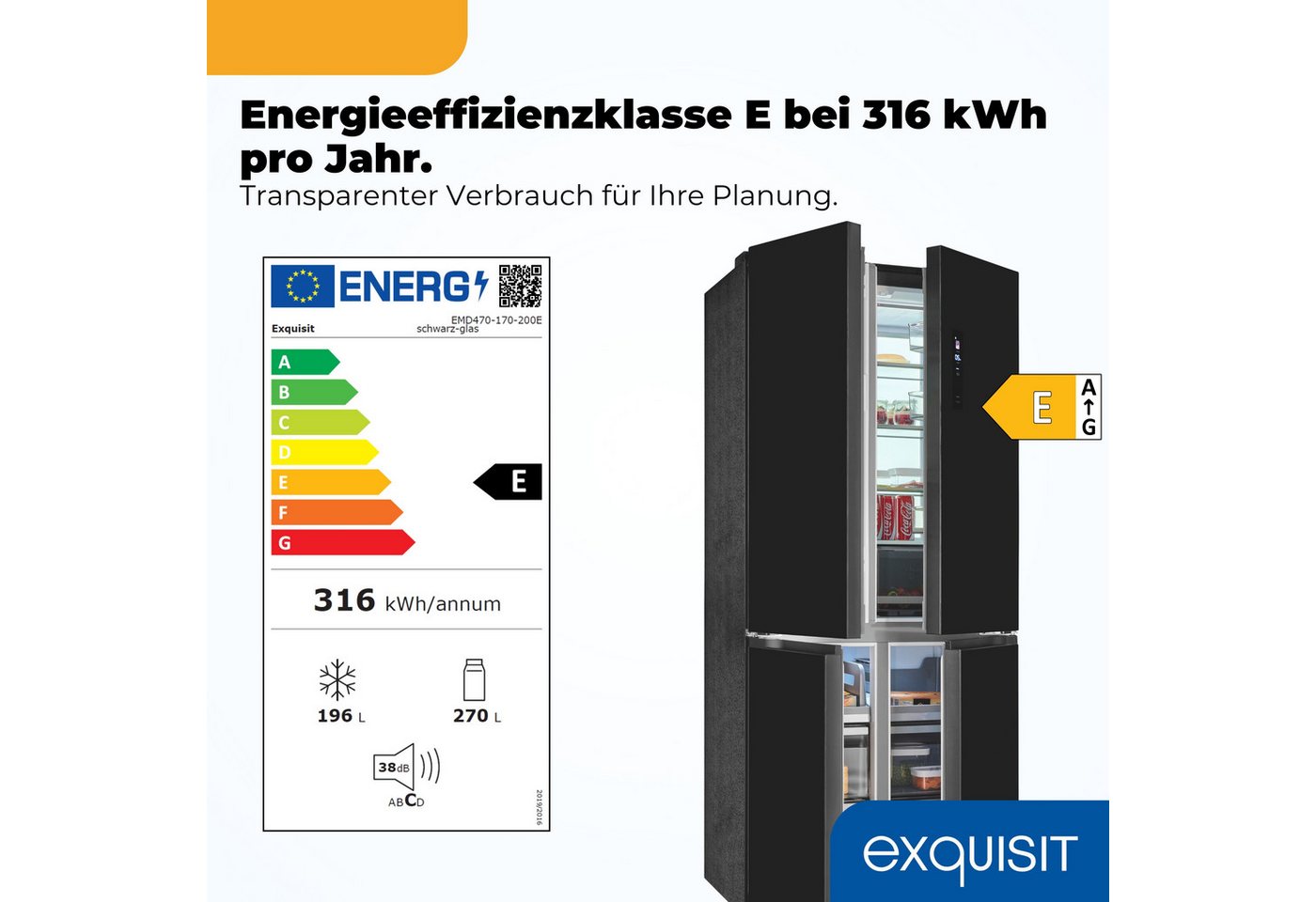 exquisit Multi Door EMD470-170-200E schwarz-glas, 193 cm hoch, 84 cm breit, Nie mehr abtauen – No-Frost & Umluft für perfekte Kühlung