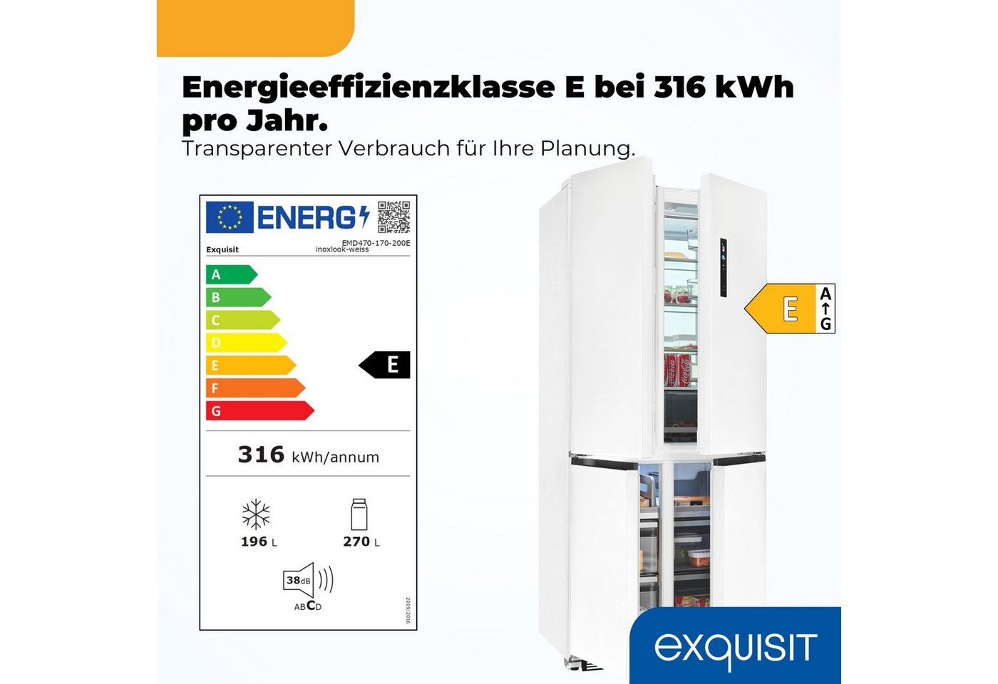 exquisit Multi Door EMD470-170-200E inoxlook-weiss, 193 cm hoch, 84 cm breit, Nie mehr abtauen – No-Frost & Umluft für perfekte Kühlung Bild 5