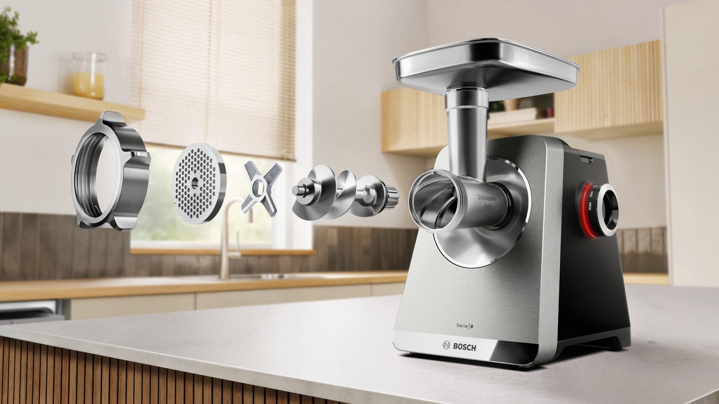 BOSCH Fleischwolf Serie 8 MFWS840M, bis zu 4,5 kg Fleisch pro Min., spülmaschinenfest, 800 W, Edelstahl, 10-Jahre Motorgarantie, mit drei Lochscheiben, 2.500 W Bild 4
