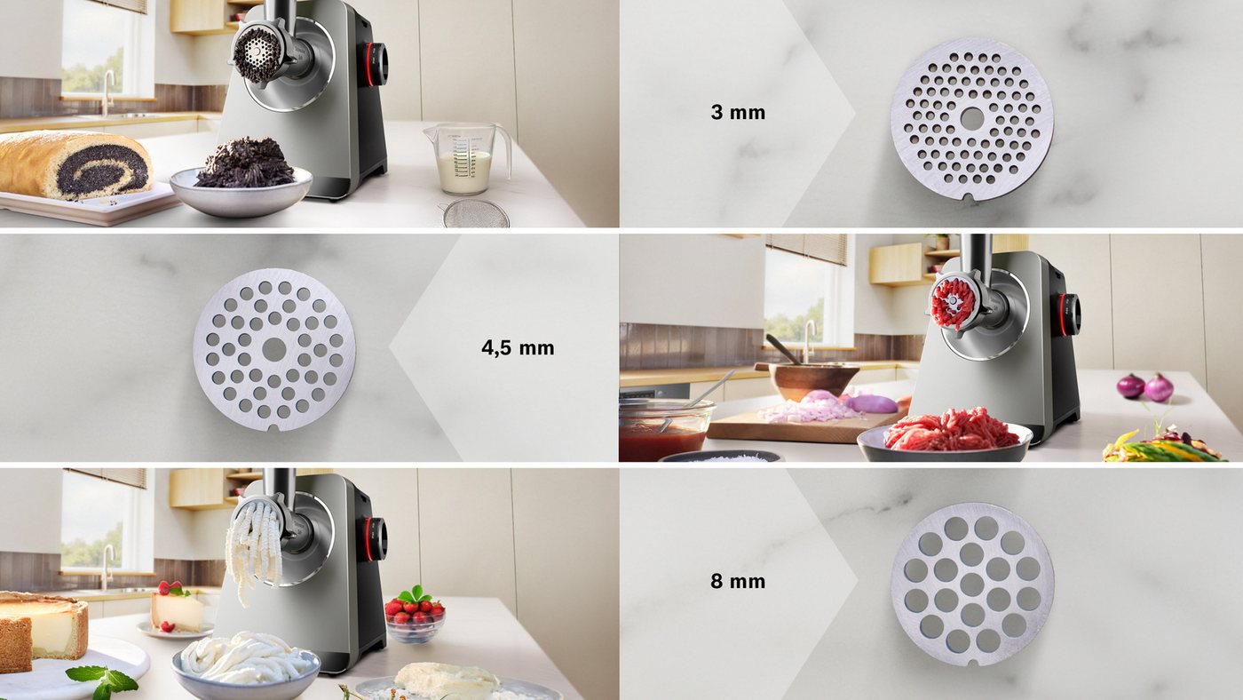 BOSCH Fleischwolf Serie 8 MFWS820M, bis zu 4,5 kg Fleisch pro Min., spülmaschinenfest, 800 W, Edelstahl, 10-Jahre Motorgarantie, mit drei Lochscheiben, 2.500 W