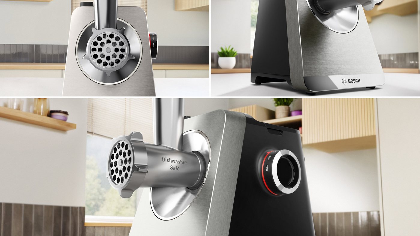 BOSCH Fleischwolf Serie 8 MFWS820M, bis zu 4,5 kg Fleisch pro Min., spülmaschinenfest, 800 W, Edelstahl, 10-Jahre Motorgarantie, mit drei Lochscheiben, 2.500 W Bild 2