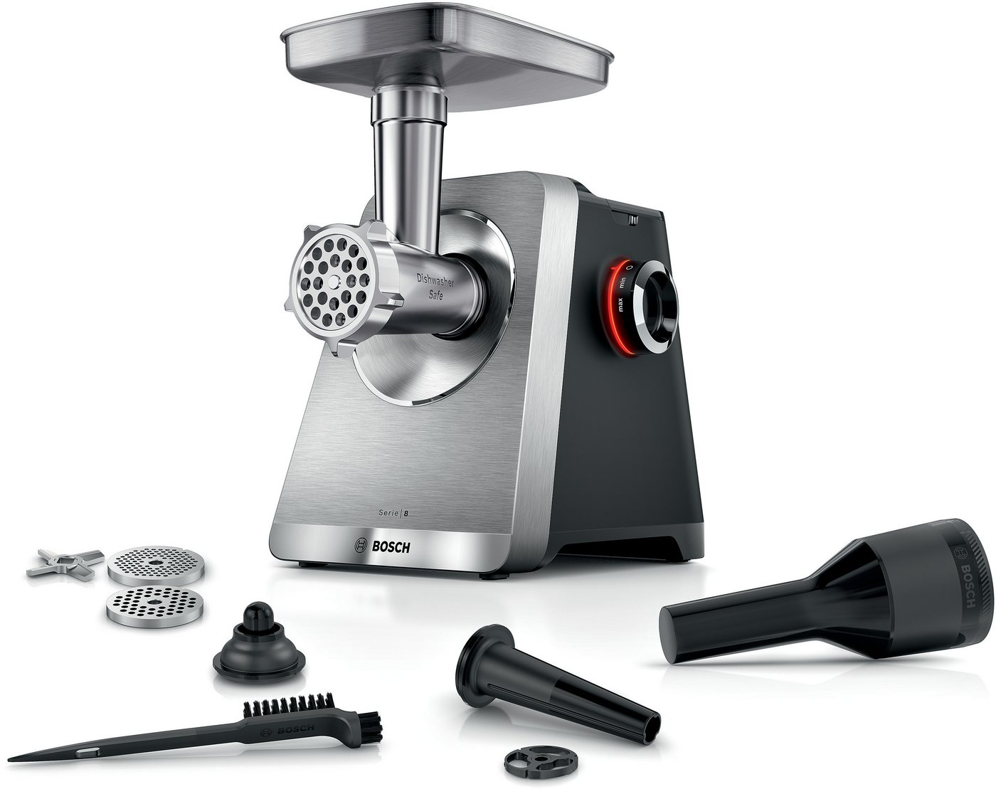 BOSCH Fleischwolf Serie 8 MFWS820M, bis zu 4,5 kg Fleisch pro Min., spülmaschinenfest, 800 W, Edelstahl, 10-Jahre Motorgarantie, mit drei Lochscheiben, 2.500 W Bild 3