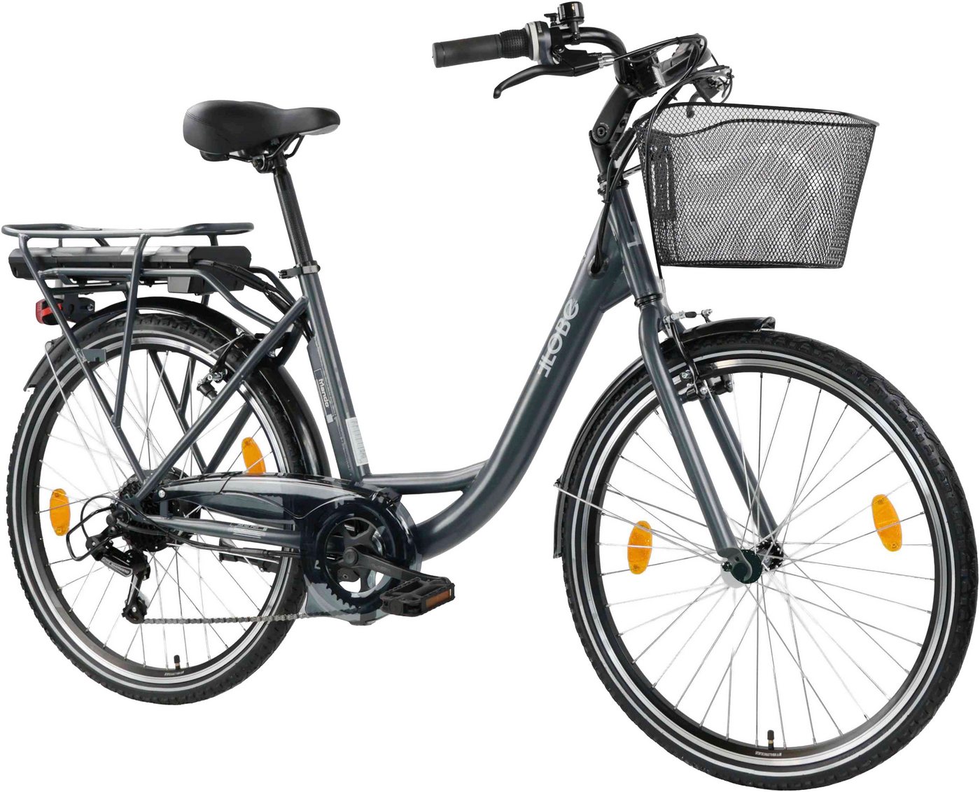LLobe E-Bike Cityrad City E-Bike 26" Mando anthrazit, 6 Gang Shimano Tourney Schaltwerk, Kettenschaltung, Heckmotor, 280,8 Wh