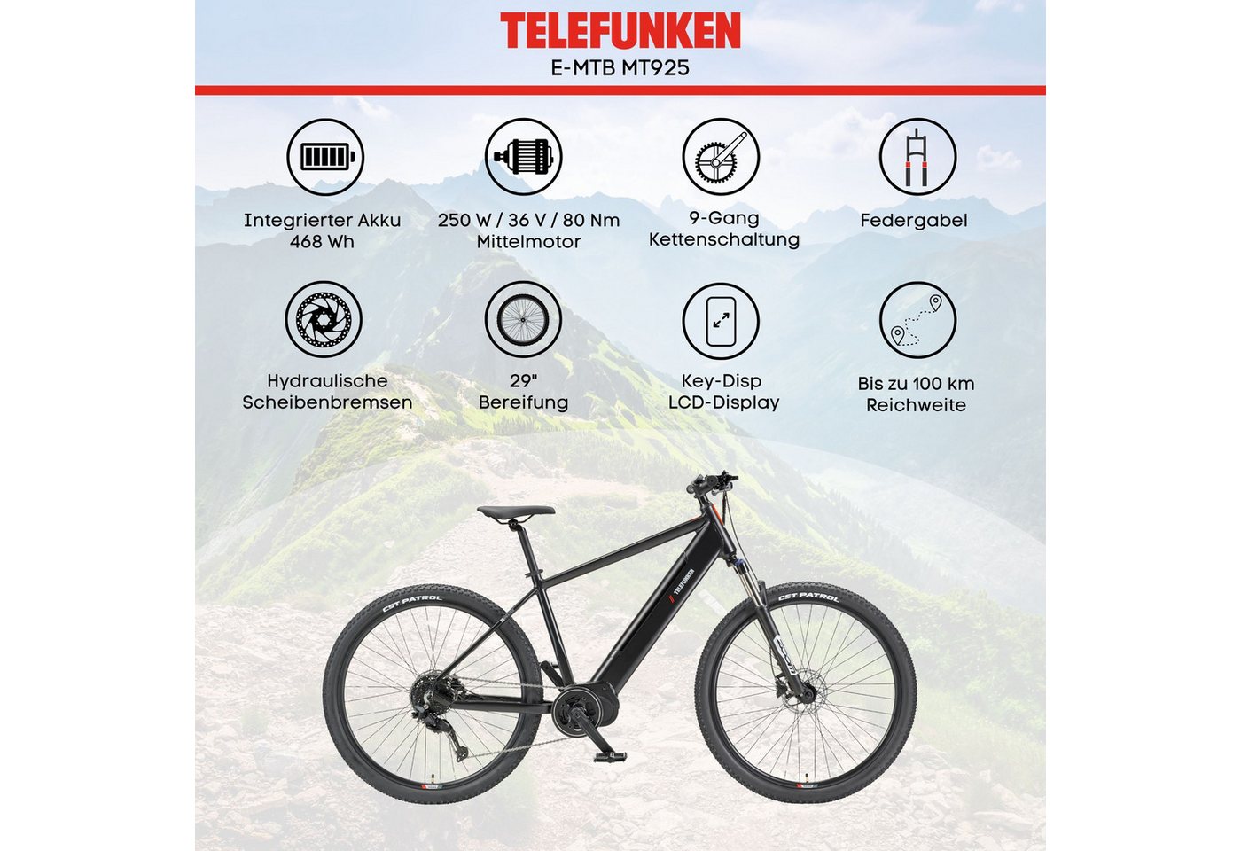 Telefunken E-Bike Mountainbike Aufsteiger MT925, 9 Gang Shimano Cues Schaltwerk, Kettenschaltung, Mittelmotor, 468 Wh, Pedelec, Elektrofahrrad, Damen u. Herren, E-MTB, Mountainbike, 29 Zoll Bild 2