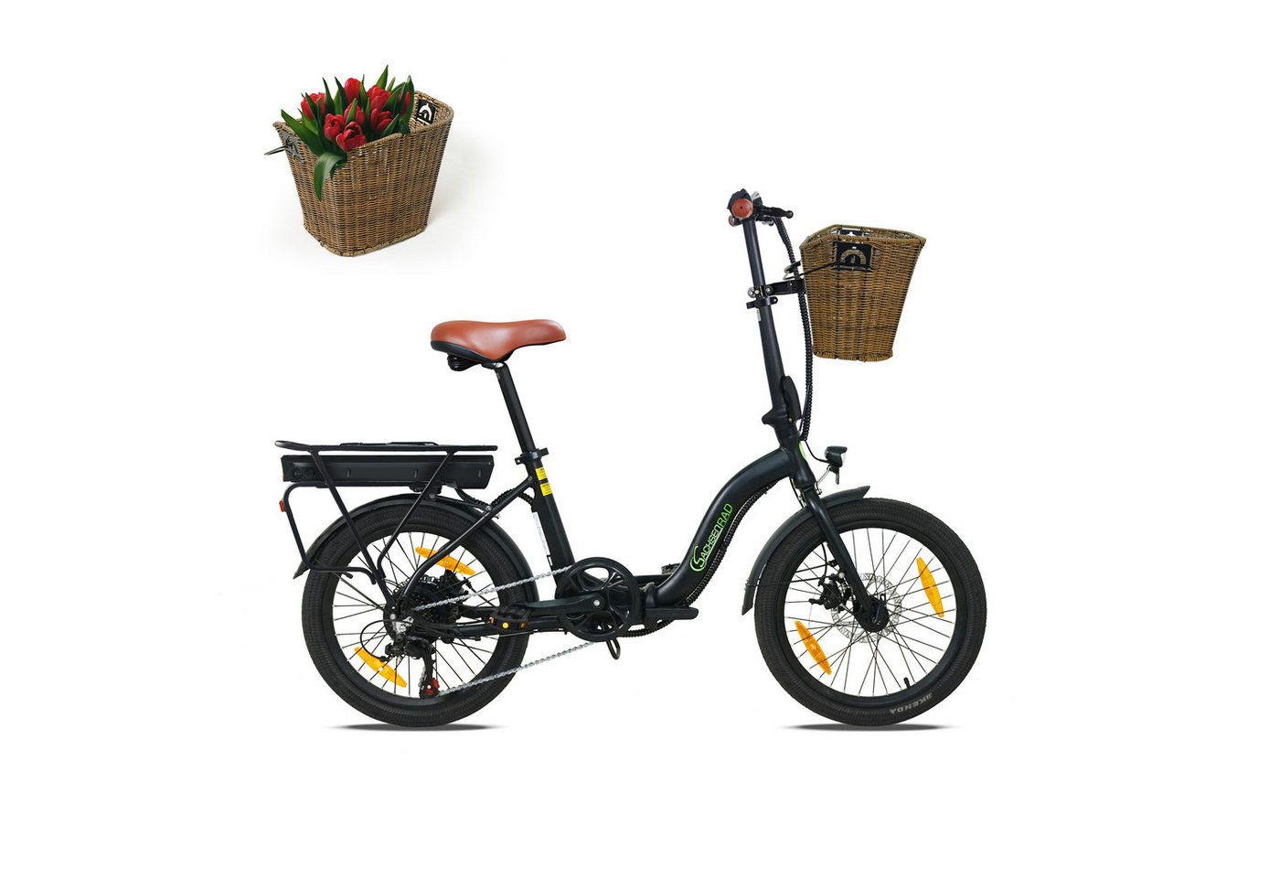 SachsenRAD E-Bike Faltrad Faltrad F2 Farmers mit Korb und Alarmanlage, 7 Gang Shimano, Kettenschaltung, Heckmotor, 468 Wh