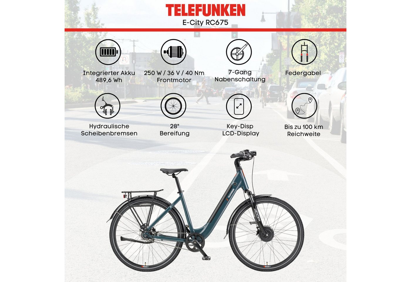 Telefunken E-Bike Cityrad Multitalent RC675, 7 Gang Shimano Nexus Schaltwerk, Nabenschaltung, Frontmotor, 489,6 Wh, Pedelec, Elektrofahrrad, Damen u. Herren, Scheibenbremsen, 28 Zoll Bild 2