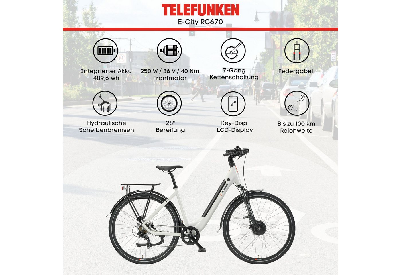Telefunken E-Bike Cityrad Multitalent RC670, 7 Gang Shimano TY300D Schaltwerk, Kettenschaltung, Frontmotor, 489,6 Wh, Pedelec, Elektrofahrrad, Damen u. Herren, Scheibenbremsen, 28 Zoll Bild 5