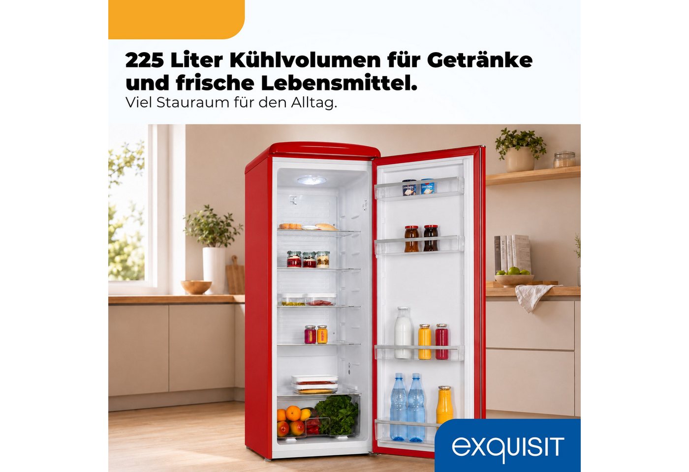 exquisit Kühlschrank RKS325-V-H-160C rot, 146,5 cm hoch, 54,5 cm breit, LED-Beleuchtung, verstellbare Glasböden, Retro-Design