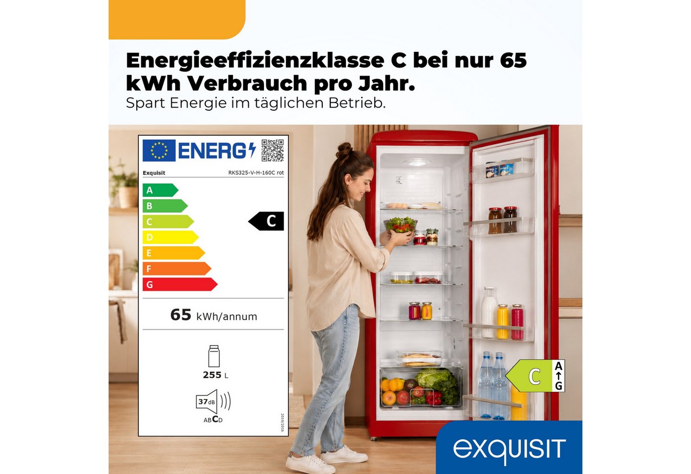 exquisit Kühlschrank RKS325-V-H-160C rot, 146,5 cm hoch, 54,5 cm breit, LED-Beleuchtung, verstellbare Glasböden, Retro-Design Bild 2